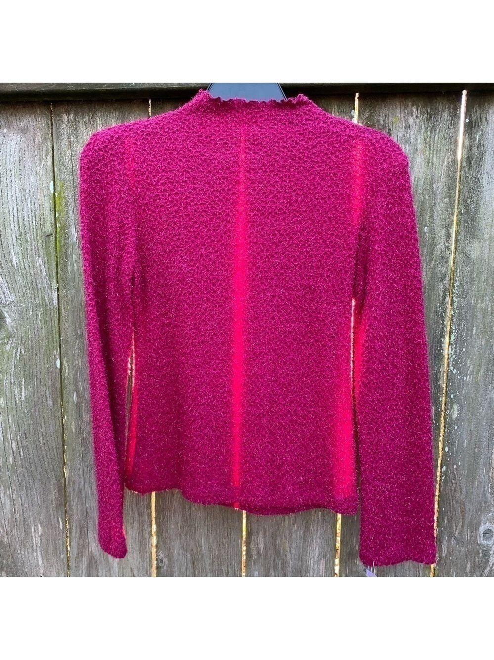 Mock neck fuchsia raspberry long sleeved lettuce edge eyelash sweater top